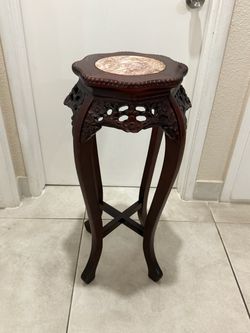 Chinese Carved Wood Pedestal Stand with Marble Top
