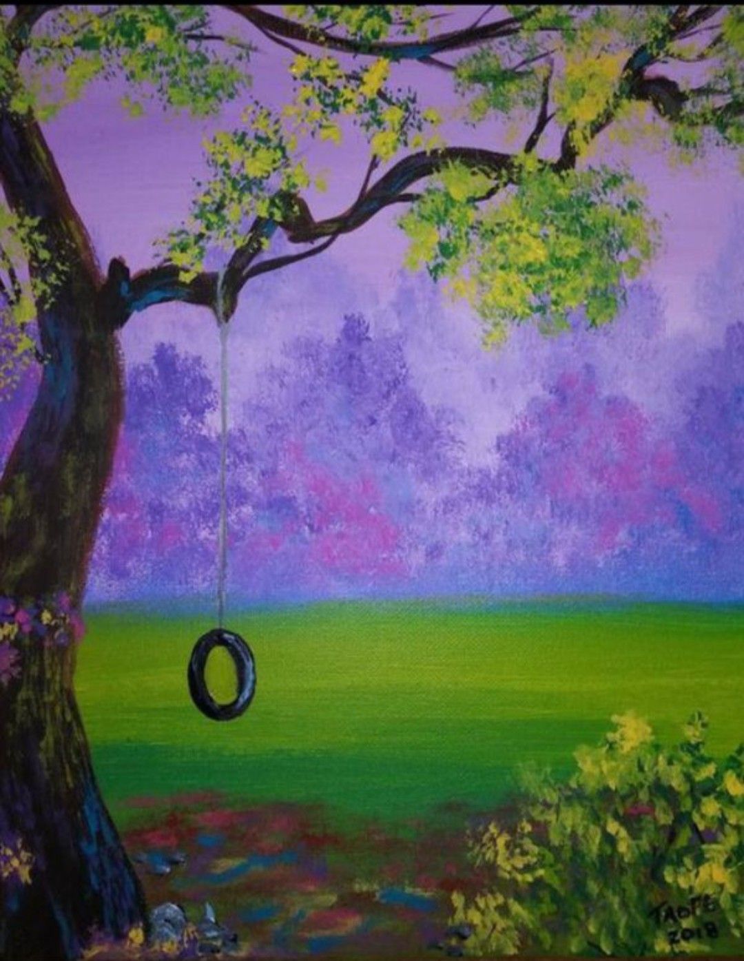 11x14 inch whimsical tree swing painting