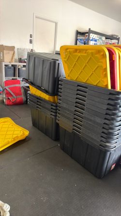 Large Black Plastic Storage Totes with Yellow Lids