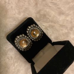 Solid Vintage Silver Tone Clip On Earrings With Gold Stone