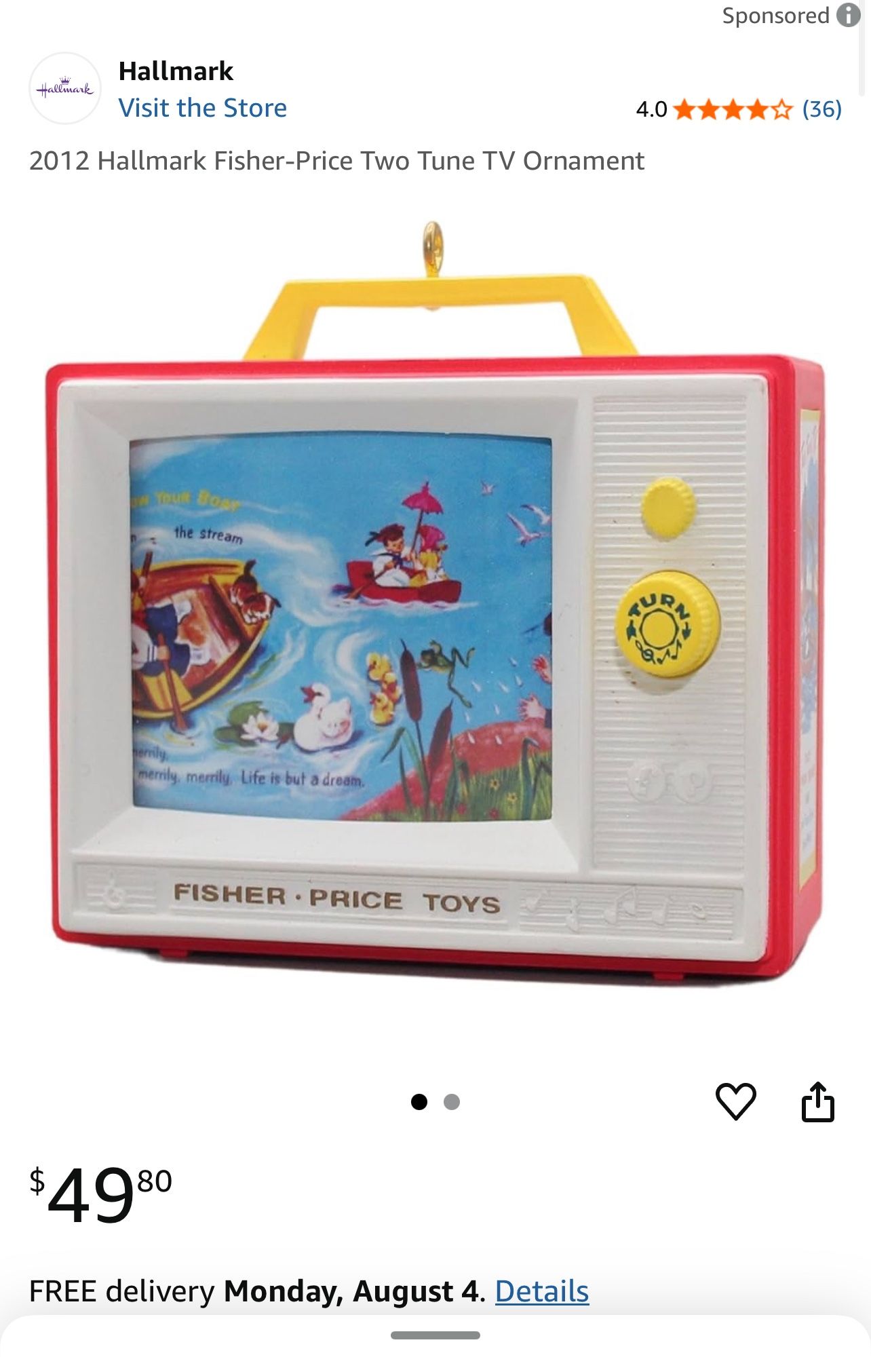 2012 Hallmark Fisher-Price Two Tune TV Ornament Toys