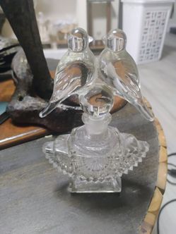 Antique Crystal Love Birds Perfume Bottle with Frosted Stopper
