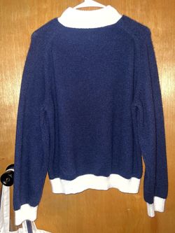 Navy Blue Knit Sweater with White Trim