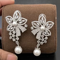 14k White Gold Plated American Diamond Earrings 