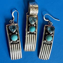 CHACO CANYON NAVAJO TURQUOISE GENUINE GEMSTONES STERLING SILVER EARRINGS PENDANT SET - SIGNED - 1 1/4”‼️ Extremely RARE ‼️ Price Is FIRM ‼️