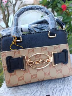 New Bebe Leilani Monogram Crossbody Gold Hardware Adjustable Almond/Black