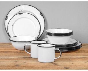 Red Co. 16-Piece Enamel Metal Tableware Set for 4, Aged White/Black Edge