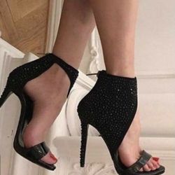 Meilikelin Sexy High Heel Roman Shoes Rhinestone Black Sandals