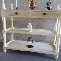 Wood Console Table,Indonesian, Handmade,Weathered white wash, With two Drawers  And Shelf