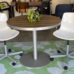 Table and IKEA Chairs Outdoor Teak Wood Aluminum Pedestal Base Furniture