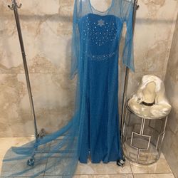 Frozen Elsa Women’s Adult Halloween Costume Party Dress And Wig New Size Medium And XL