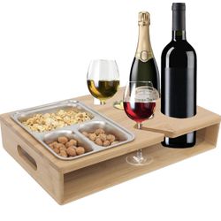 Bamboo Couch Tray, Couch Caddy with 2 Red Wine Glass Holder and 2 Metal Cups