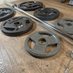 CUZ NEED THE $$ NEW Olympic Equipment: 6 ft Silver Bar & Weight Plates 35s, 25s, and 10s lbs. Total: 180 lbs [ NO, No Better Price]