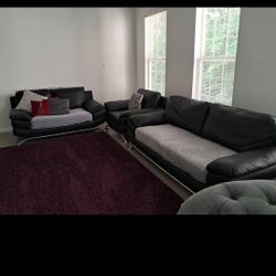 3 Piece Modern Black Leather Sofa