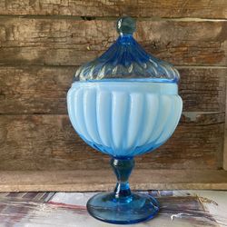 VINTAGE dish | 9” pedestal azure blue glass, cottage wedding boudoir,Christmas candy dish container urn,unique something blue bridal gift