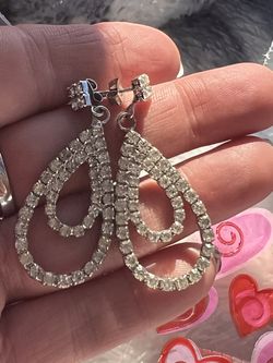 Rhinestone pierced drop dangle earrings concentric oval 