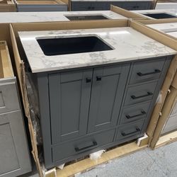 Bathroom vanity cabinet 36” solid mango Quartz top with sink and backsplash