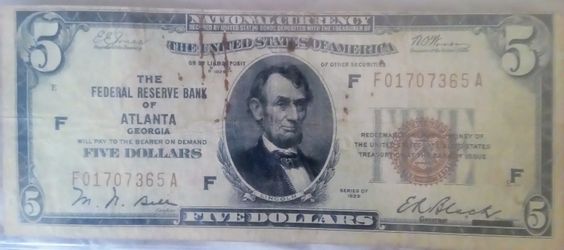 1929 Five Dollar bill Federal Reserve of Atlanta Georgia. 40.00