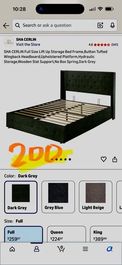 SHA CERLIN Full Size Lift Up Storage Bed Frame Dark Grey