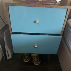 Pair Of Cute Blue And Walnut Nightstands 
