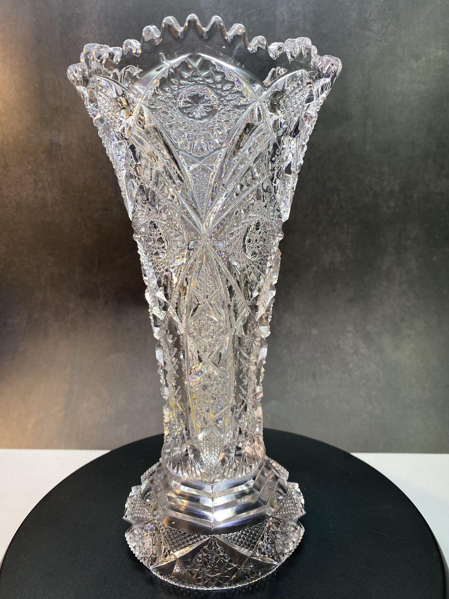Beautiful Vintage 1950s Imperial Glass Pressed Cut Glass Vase Sawtooth Edge 9 3/4" high.