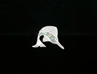 1.4" x 1.4" Solid Sterling Silver Abalone Inlay Sailfish Pin/Brooch, signed