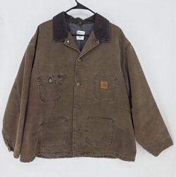 Authentic Made In USA Vintage Carhartt C02 CHT Sandstone Duck Chore Coat / Barn Jacket in the rare Chestnut (CHT) colorway!