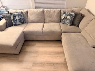 Large Beige Fabric Sectional Sofa with Chaise