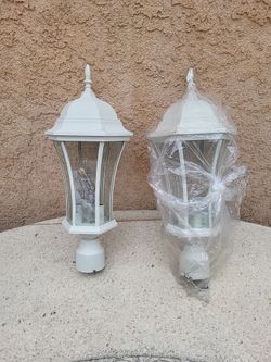 3 lights out side post lamps white glass and metal 22" inches high
