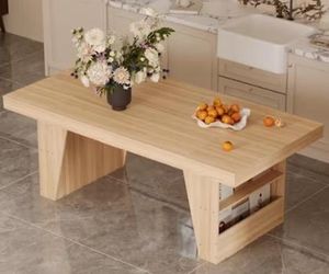 Natural Wood 78.7 in. Double Pedestal Dining Table for 4-8, Side Storage Shelves by FUFU&GAGA