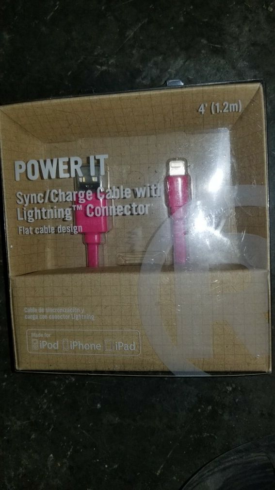 BNIB iPod iPhone iPad Charger Sync Flat Cable Pink 4 ft
