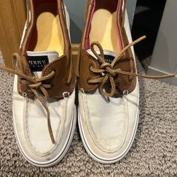 Sperry Top Sider Women’s Cream Linen/Brown Leather Slip On Boat Shoes Sz 7.5