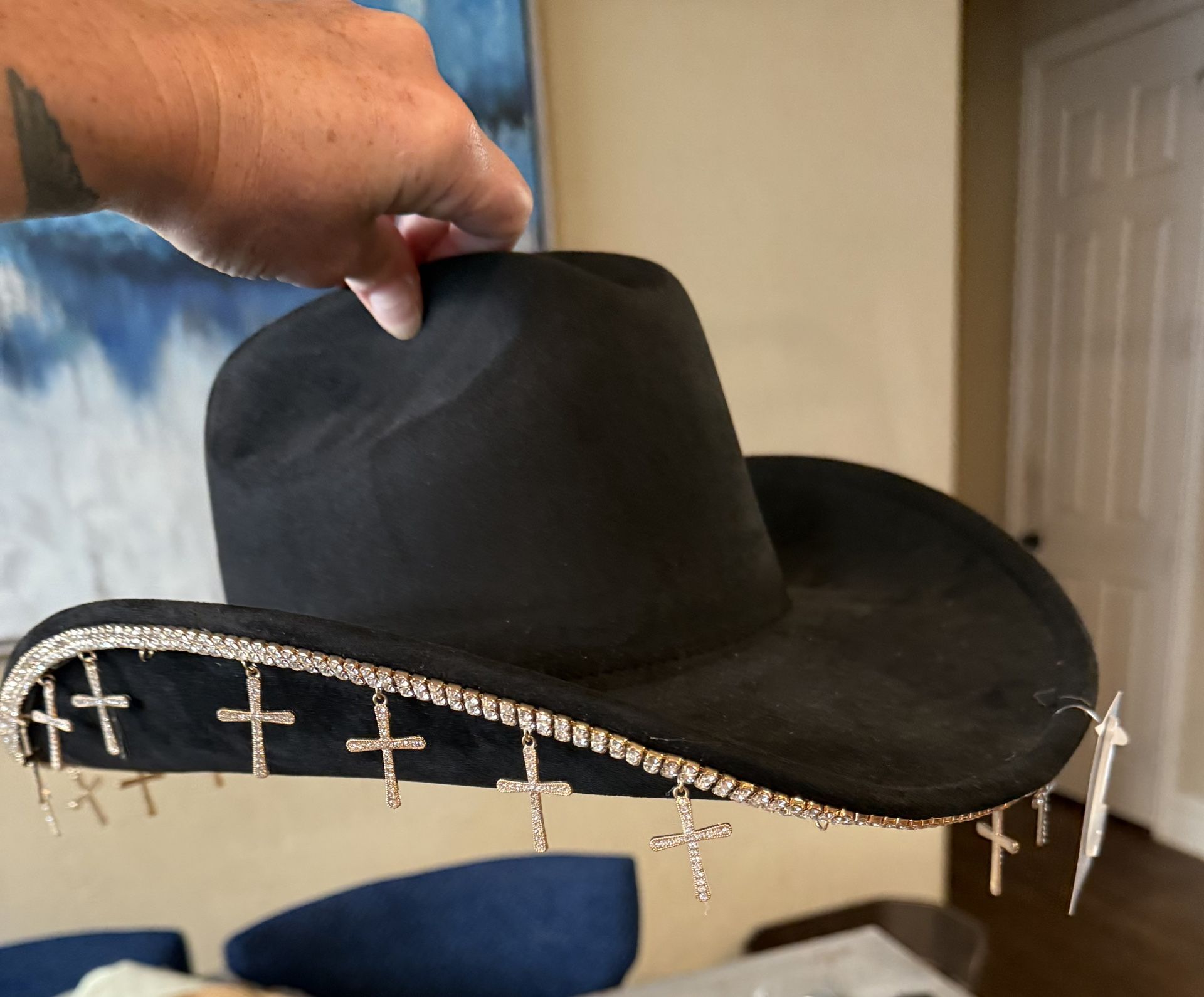 Black Cowboy Hat with Cross Charms-missing a few 