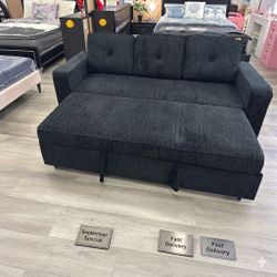Modern Convertible Sleeper Sofa w/ Pull-Out Bed (Black Chenille)