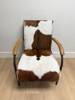 Dovetail - Jareth Iron Chair with Teak Wood Arms and Genuine Brown and White Goat Hide  