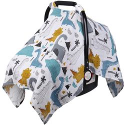 Rquite Dinosaurs Carseat Cover - Muslin Cotton Infant Car Seat Canopy, Breathable Baby Carrier Cover