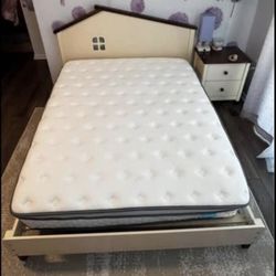 Full Bed Wodden Frame House Headboard + Full Mattress  Add-on matching nightstand for additional $50