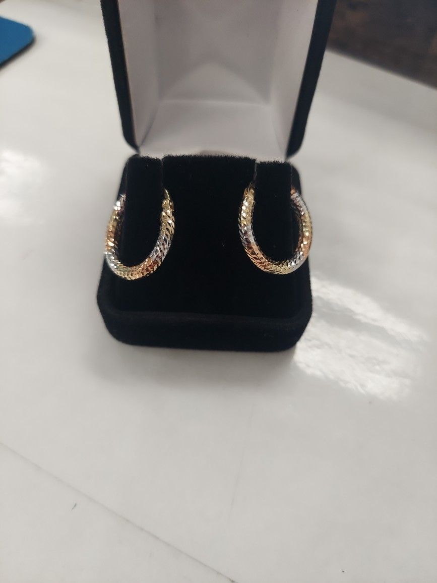 3 Tone Diamond Cut Hoop 14k Gold Earrings 