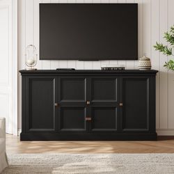 63" Large Farmhouse Sideboard Buffet Cabinet with Storage, Black Grooved Barn Doors, Wood Rustic Kitchen Buffet Table Coffee Bar Storage Cabinet for K