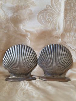 Heavy Brass Seashell Theme Bookends, Decorative Pair, Korea