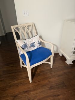 White Wood Accent Chair with Blue Cushion