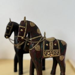 Antique Wooden Carved Horses With Brass Inlays