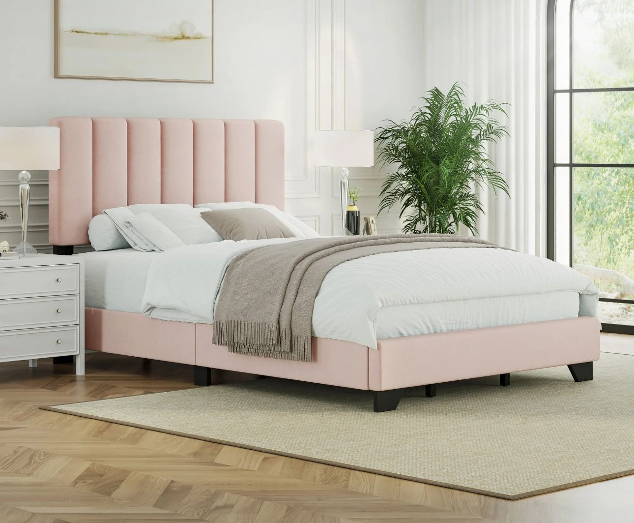 Reece Channel Stitched Upholstered Queen Bed, Light Pink, by Hillsdale Living Essentials  Assembly and delivery service available 