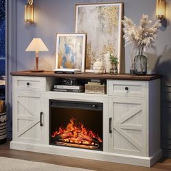 Farmhouse Fireplace TV Stand,Entertainment Center with 23" Electric Fireplace,TV Table for TVs up to 70 Inch,Modern Media Console Table with Drawers S