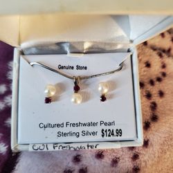 Ruby & Pearl Necklace Pendant With Matching Earrings In Original Box