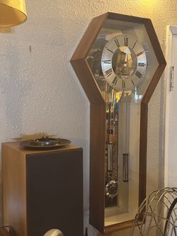Howard Miller "Coffin" Wall Clock — Arthur Umanoff Meridian Line, Walnut, 8-Day Key Wind