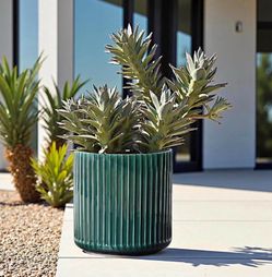 Ribbed Ceramic Planter with Drainage, Indoor Outdoor Plant Pot (Olive Green-11.4inch, Medium)
