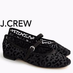 (NEW) (5 SIZES AVAILABLE) WOMEN’S J.CREW FACTORY BLACK LEOPARD MESH MARY JANE FLATS - SIZES: 6, 6 1/2, 7 1/2, 8 AND 9 1/2 (MSRP: $148) 