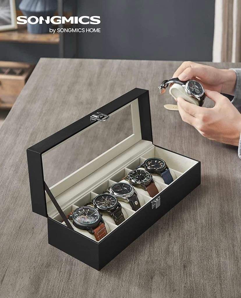 SONGMICS Watch Box, 6-Slot Watch Case with Large Glass Lid, Removable Watch Pillows, Watch Box Organizer, Gift for Loved Ones, Black Synthetic Leather