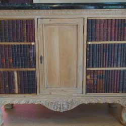 19th Century French Antique Leather Faux Book Cabinet/Commode With Marble Top

